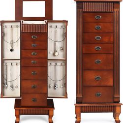 Jewelry armoire, wooden jewelry storage chest with 7 drawers, 2 side doors, flip-up mirror and divided organizer on top, freestanding jewelry cabinet