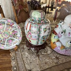 Chinese decorative plate, porcelain container with lid, and porcelain Buddhist statue