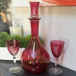 Antique Cranberry Flash etched Glass Decanter Shot glass stopper & 2 Goblets SET