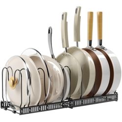 Expandable Pots and Pans Organizer Rack, Pot Lid Kitchen Cabinet Organizer Holder with 10 Adjustable Compartment, Cookware Rack for Kitchen Cabinet St