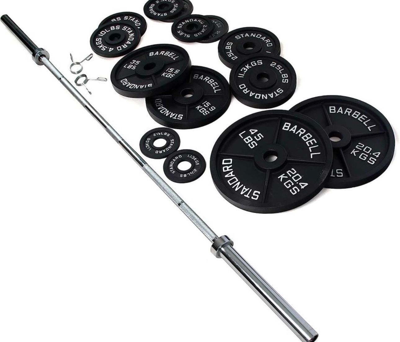 Olympic cast iron weight plate set 260 lbs plus 45 lb Bar 