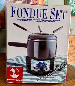 Vintage Roshco Gourmet Black Enamel Fondue Set