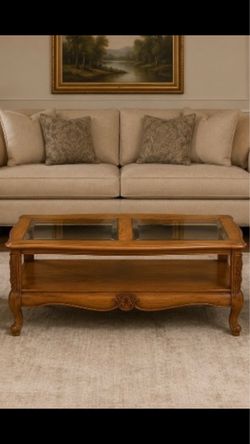 Vintage Oak Coffee Table with Glass Top & Lower Shelf