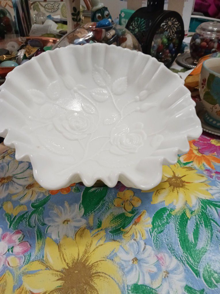 Imperial Glass White Satin Ruffled Edge Bowl With Embossed Roses