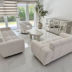 Modern Bouclé Living Room Set — 2 Sofas, Chair & Coffee Table