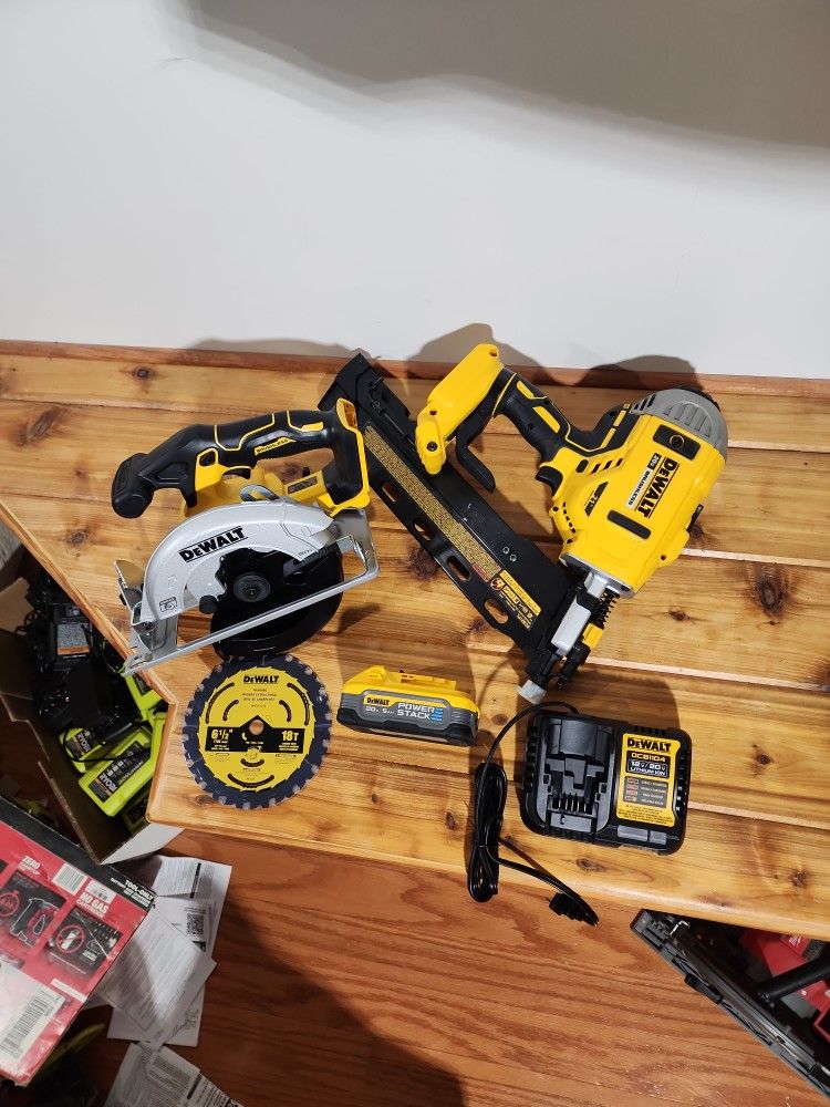 Dewalt 20V 'Max' 21 Degree Framing Nailer, Circular Saw, Battery, Charger