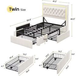 BTHFST Twin Upholstered LED Bed Frame with 3 Drawers, Velvet Hidden Storage Headboard with Charging Station, Button Tufted Headb