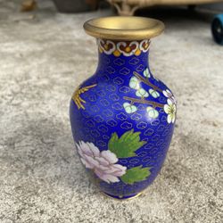 Small Brass Cloisonné Floral Vase 5” Tall