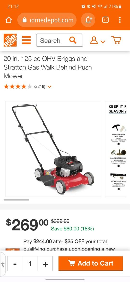 20 in. 125 cc OHV Briggs and Stratton Gas Walk Behind Push Mower