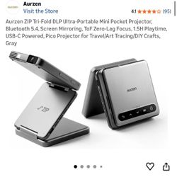 Aurzen ZIP Tri-Fold DLP Ultra-Portable Mini Pocket Projector, Bluetooth 5.4, Screen Mirroring, ToF Zero-Lag Focus, 1.5H Playtime, USB-C Powered, Pico 