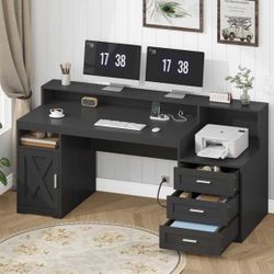 65'' Home Office Desk with Power Outlets, Storage Cabinet and Printer Stand, Study Writing Desks with Long Monitor Stand, Black