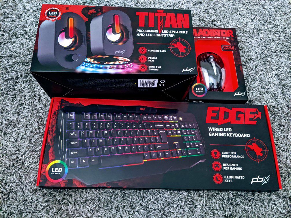 Gaming keyboard, mouse and speakers