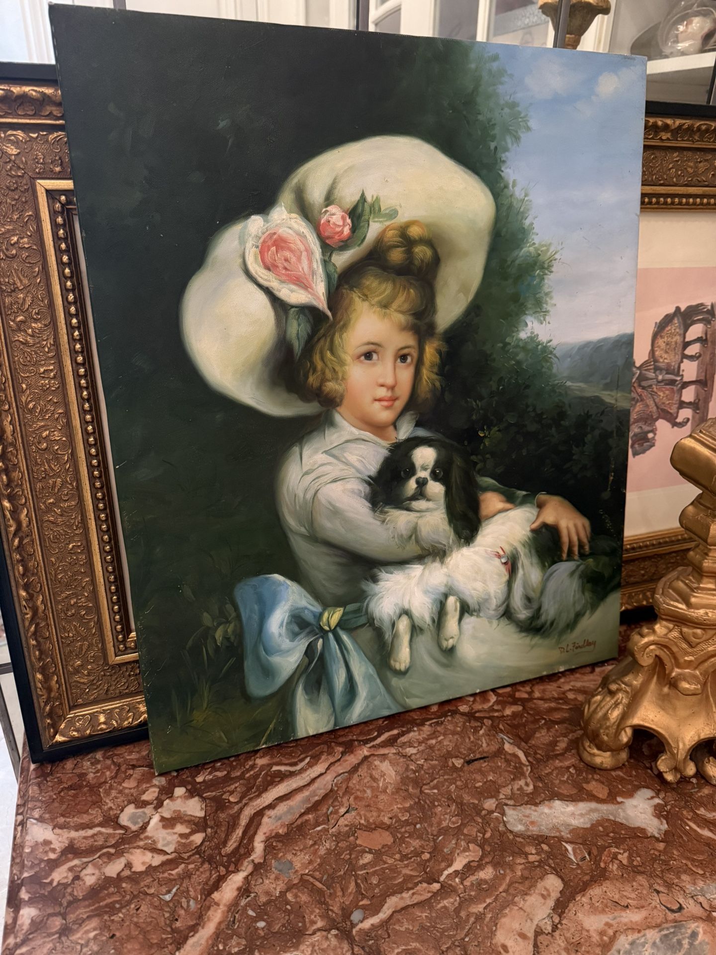 Signed Oil Painting - Girl Sitting With Her Dog