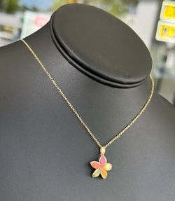 Jewelry 14k yellow gold  flower multi color stone pendant chain necklace 17.25” 1.00mm