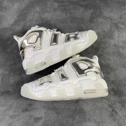 Nike Air More Uptempo Chrome White (W) Leather Big AIR Pippen Shock Balance Mid Top Retro Basketball Shoes Women's White