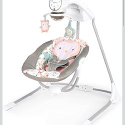 Ingenuity InLighten 5-Speed Baby Swing - Swivel Infant Seat, 5 Point Safety Harness, Nature Sounds, Lights - Nally Owl