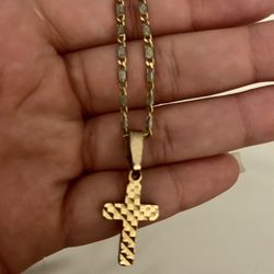 Gold Cross Necklace On A Silver And Gold Chain