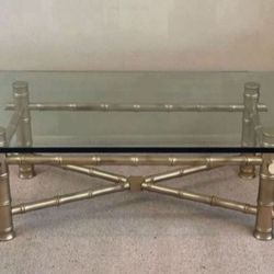Antique Vintage Mid Century Modern Hollywood Regency Gold Glam Thick Faux Bamboo Base Glass Top Coffee Cocktail Table