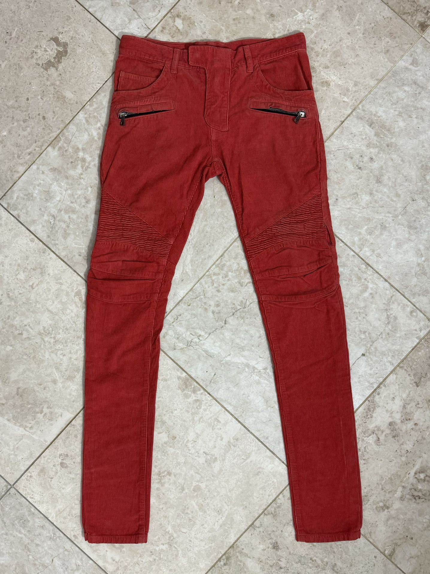 Balmain Red Corduroy Biker Jeans