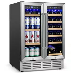 24 in.Dual Zone 18-Wine Bottles and 88-Can Built-In and Freestanding with French Door Beverage Cooler in Stainless Steel