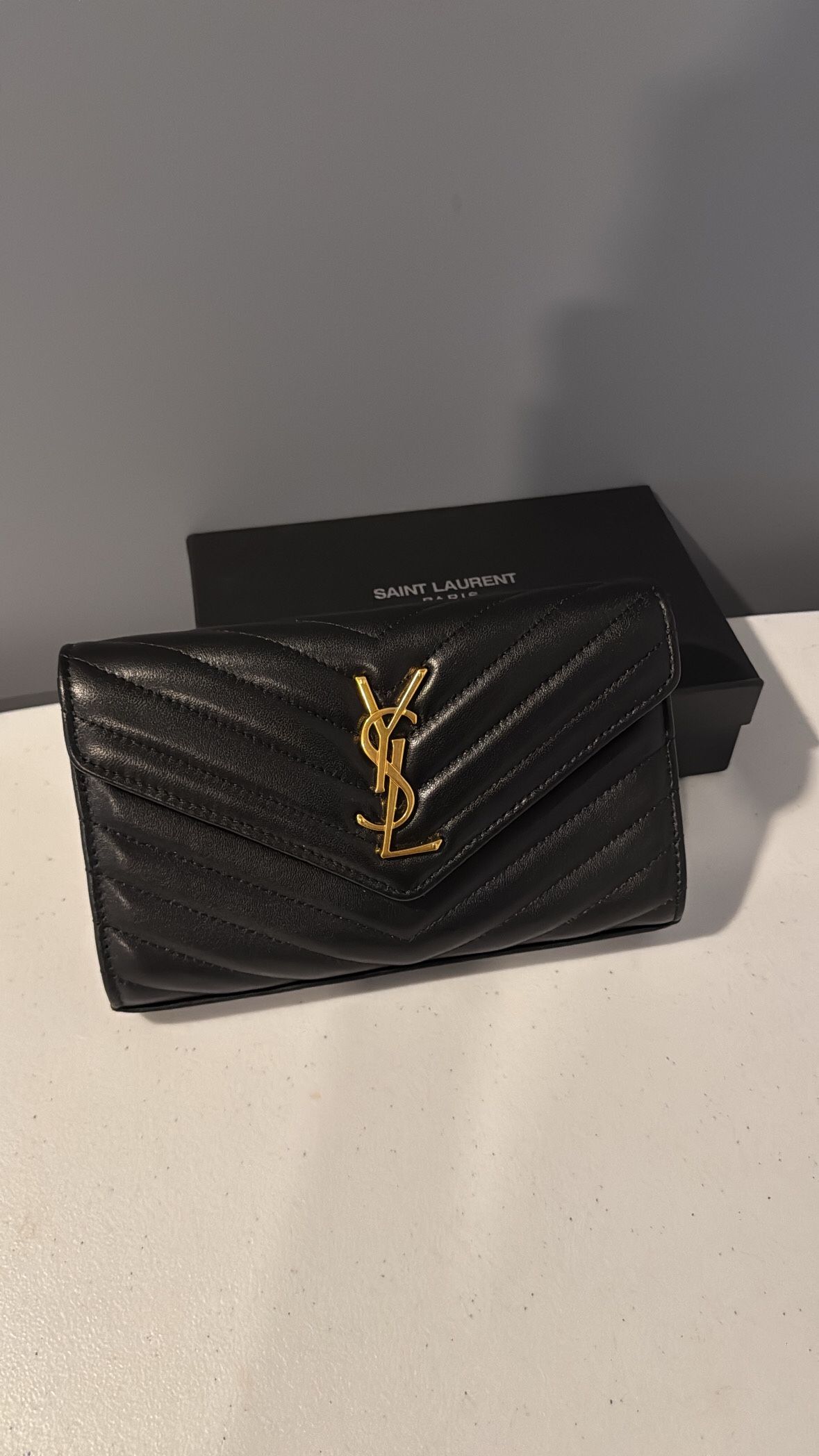 Authentic Saint Laurent YSL Monogram Wallet on Chain (Black/Gold)