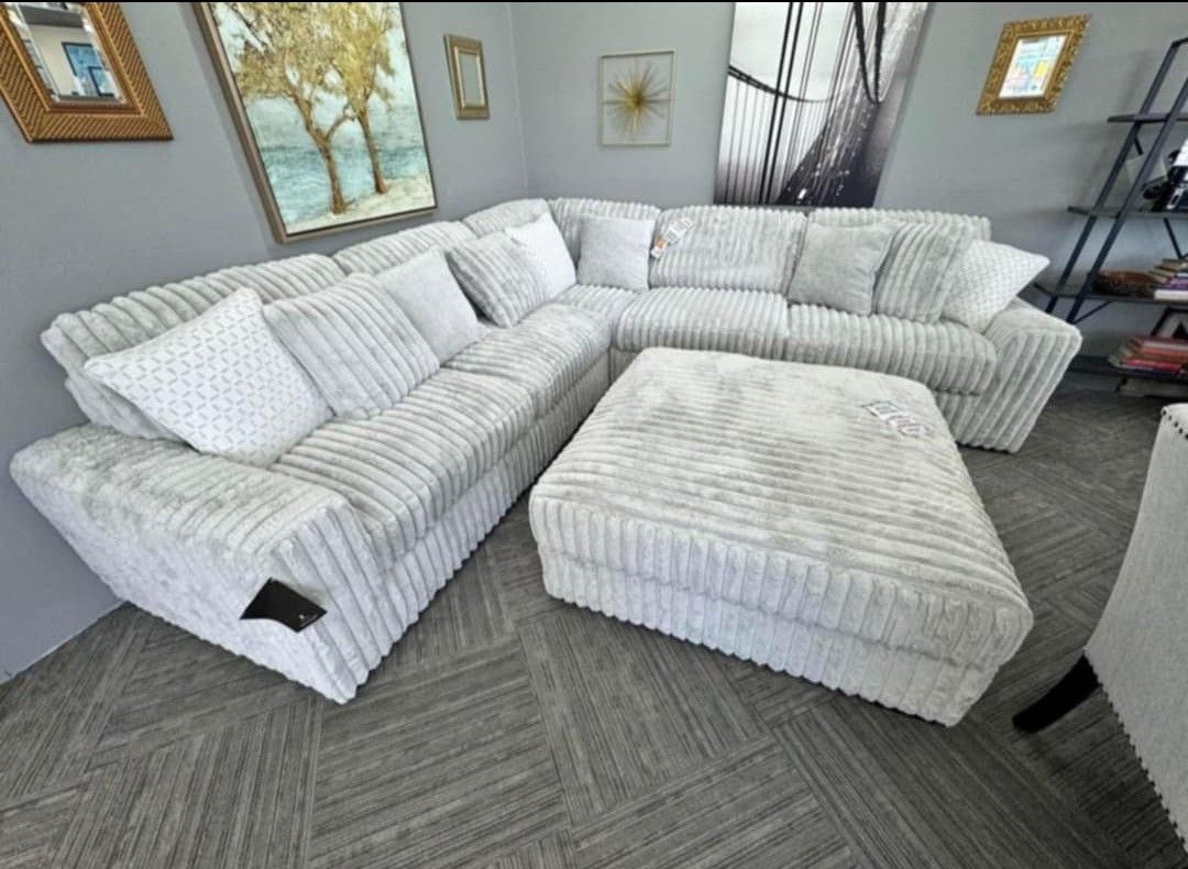 JH-$39 Down Payment For Financing Stupendous Ivory Fluffy Soft Cozy Deep Seating Sectional Couch 