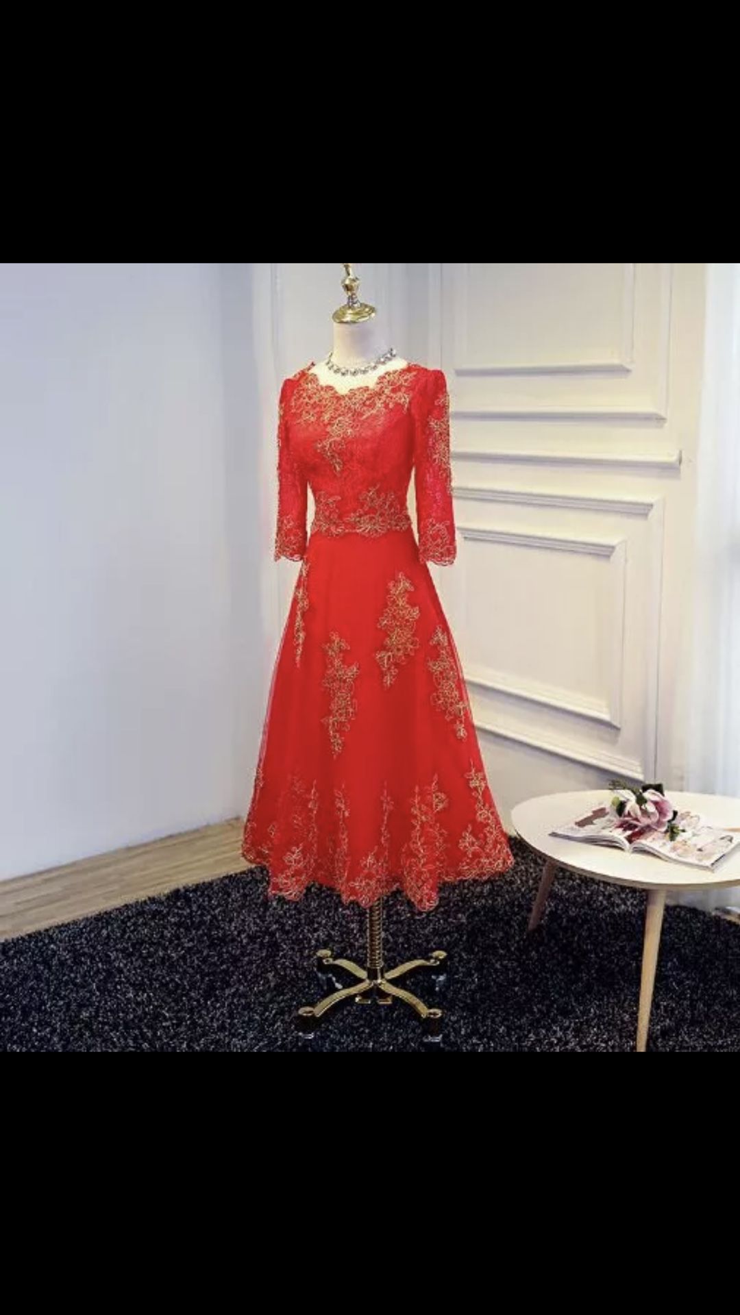 Gorgeous Bright Red Tea Style Prom Wedding Dress Prom dresses with sleeves