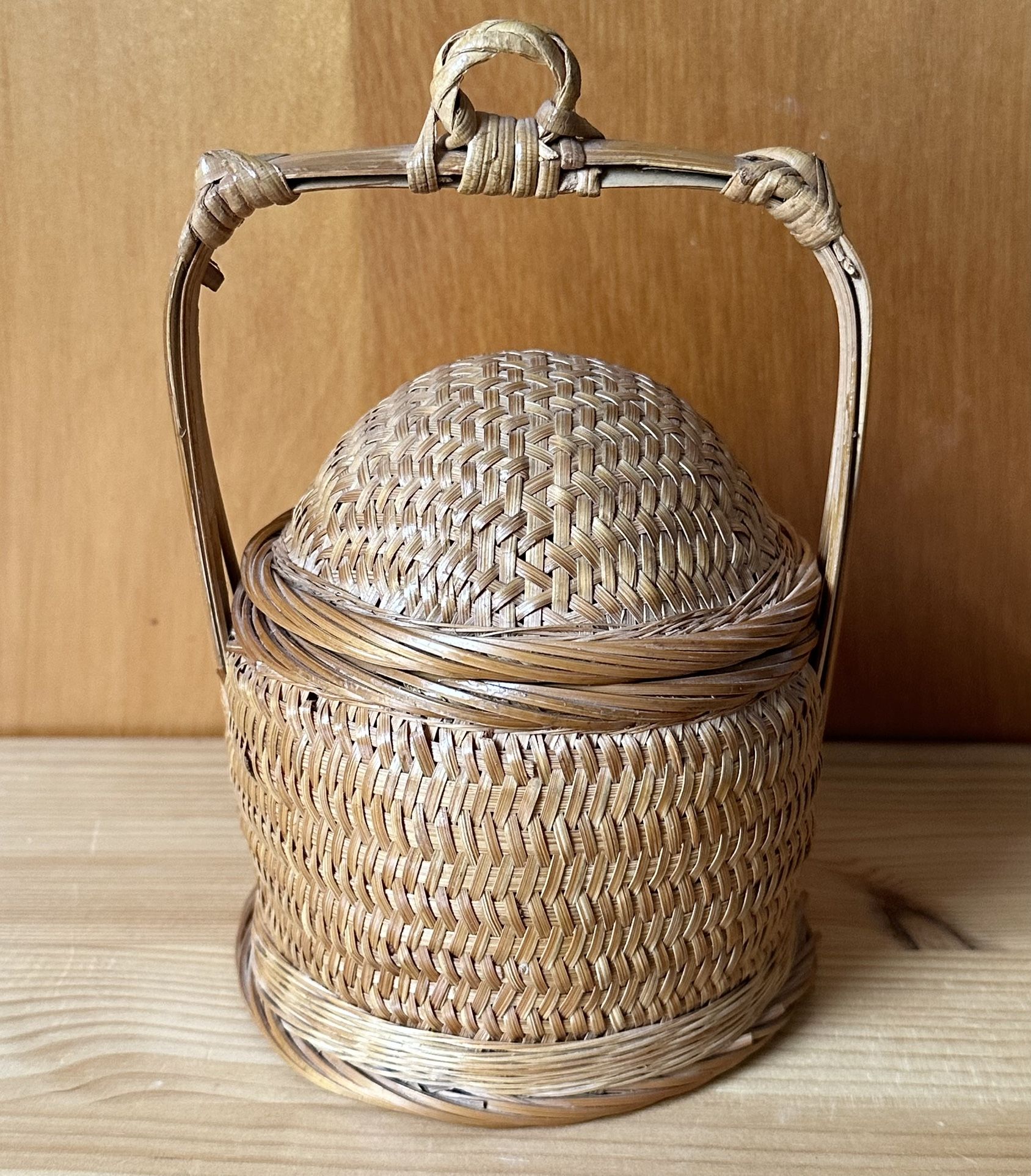 Vtg Chinese Wedding Basket 6.5” Woven Wicker Rattan w/ Bamboo Handle & Dome Lid