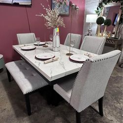 5PC Marble top dining table set with Bench and 4 chairs