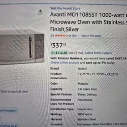 Avanti Microwave Oven Mint Cond. Like New