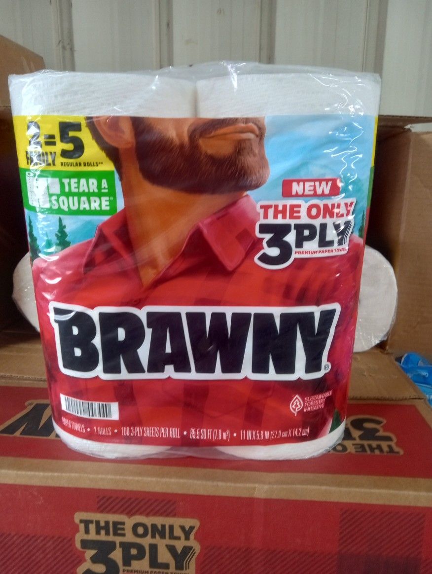 Brawny Tear a Square, 2=5, Big Roll Paper Towels.
4/ 2 Roll Packages, 8 Rolls Per Case.