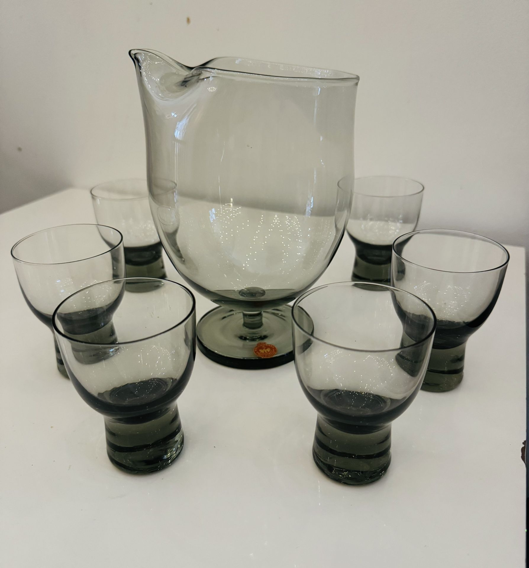 Vtg Holmegaard Elsinore Smoke Gray Martini Pitcher, 6 Liqueur Glasses Danish MCM