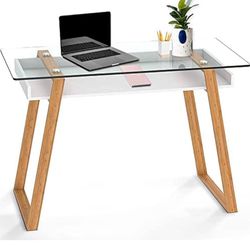 bonVIVO Massimo Small Desk - 43 Inch, Modern Computer Desk for Small Spaces, Living Room, Office and Bedroom - Study Table w/Glass Top and Shelf Space