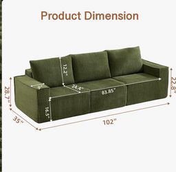 Green Boneless 102" Oversized Corduroy Modular Sofa with Square Armrests J-10 NEW