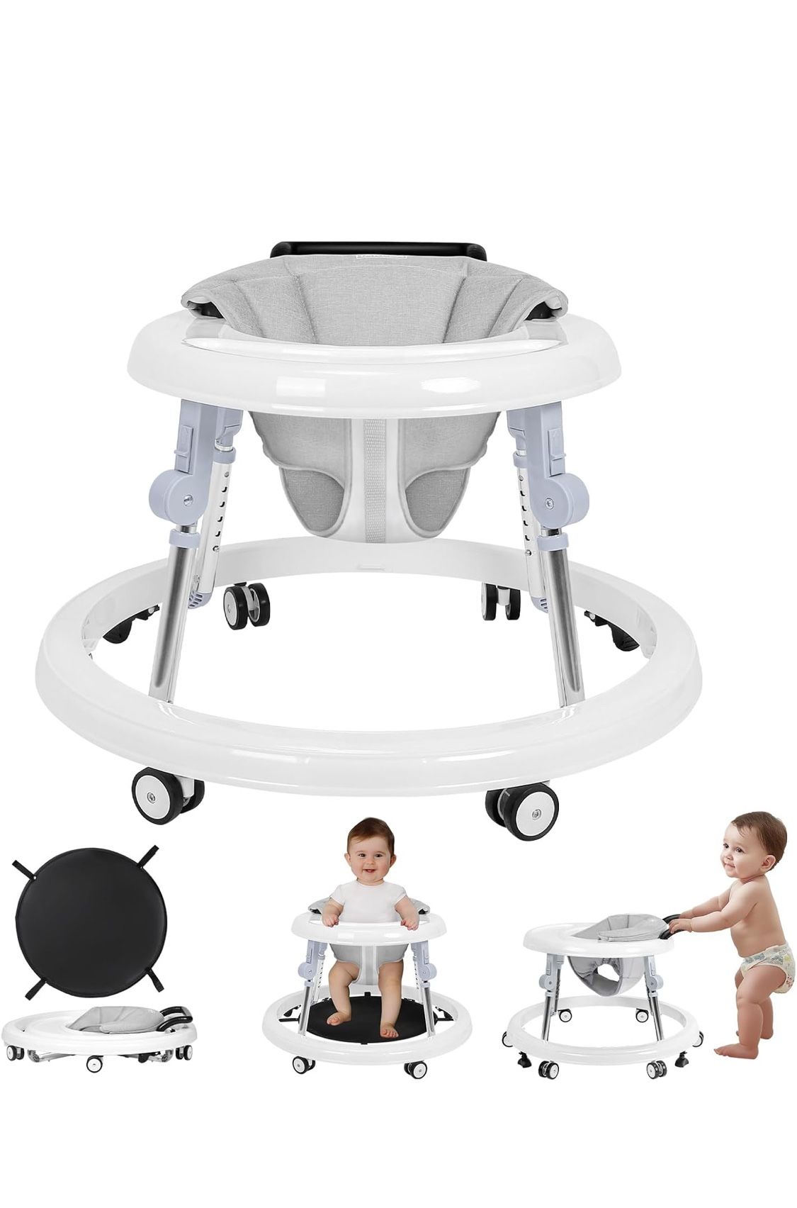 HARPPA Foldable Baby Walker with Wheels and Anti-Rollover, Sit to Stand Entertainment for Boys and Girls 7-18M, 5-Position Height Adjust, Gray White