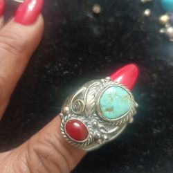 Turquoise And Coral On Sterling Silver Ring