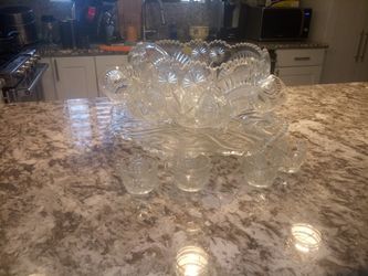 Huge glass punch bowl with underplate +cups bysmith glass
