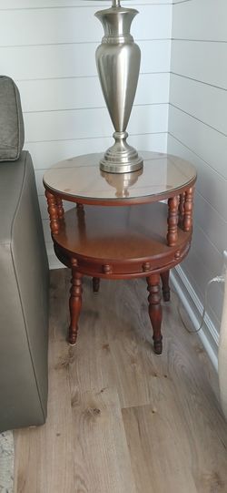 Round Antique Wood End Table With Glass Top
