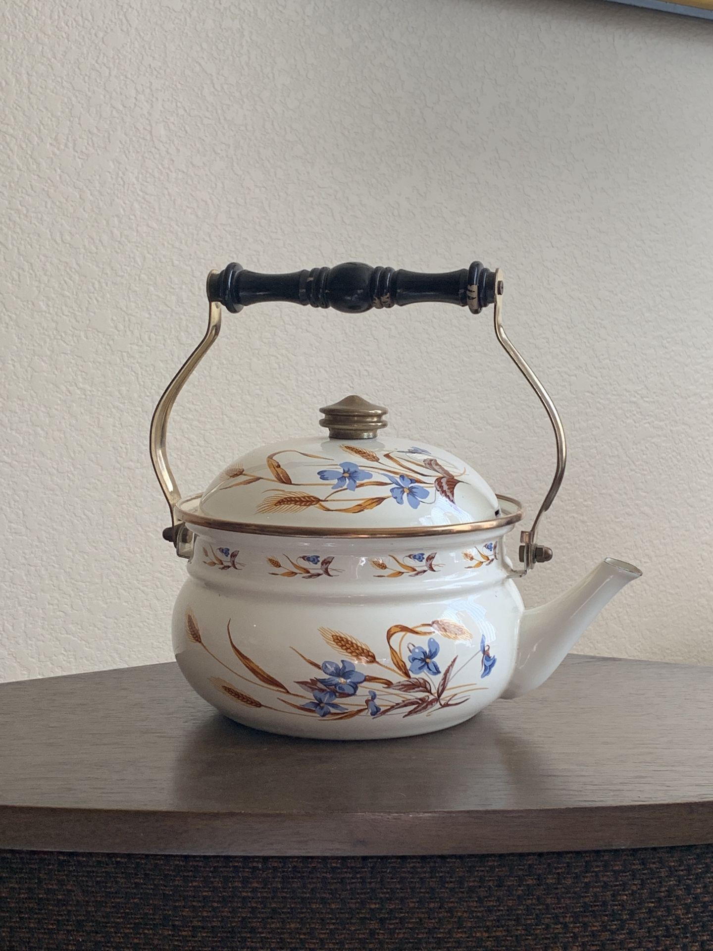 Vintage Floral & Wheat Grain Cream Enamel Tea Pot Kettle with Brass & Wood Handle by M. Kamenstein