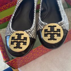 Tory Burch Brown Coconut Tweed Serena Flats 10.5