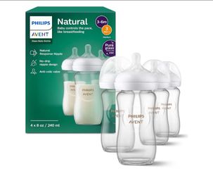 Philips Avent Natural Glass Baby Bottles with Natural Response Nipples (Medium Flow, Flow 3), 8oz, 4-Pack open box new selling for only $25 firm