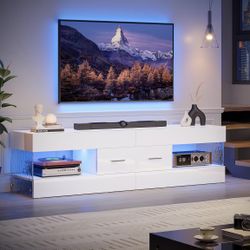 TV Stand for 55/60/65 Inch TV, High Gloss Modern TV Stand with Stone-Patterned Side Panels, LED Entertainment Center with Large Drawer, TV Consoles fo