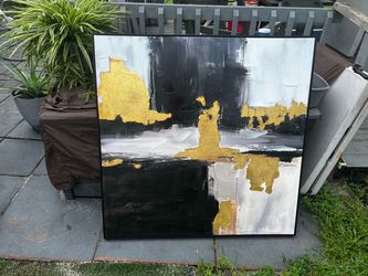 Large Abstract Canvas Painting Black Gold White