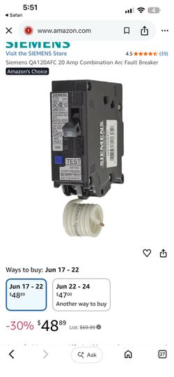 Siemens QA120AFC 20 Amp Combination Arc Fault Breaker
