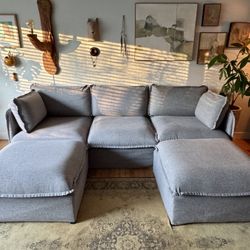 ANABEI Modular Washable 3-Seater + Bench Ottoman in Ash | Deluxe+ Seat | Cloud Pillow