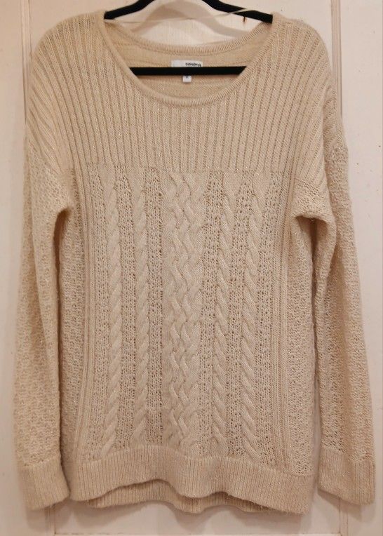 Beige And Gold Sonoma Women's Medium Cable Knit Sweater