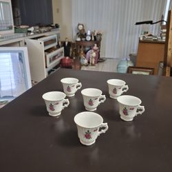 Set Of 6 Glazed Porcelain Demitasse/Espresso Footed Cups With Pink Roses & Gold Accents, Ribbed Swirl 2.25"H X 2.5"W