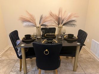 Black Glass Dining Table with 4 Velvet Chairs