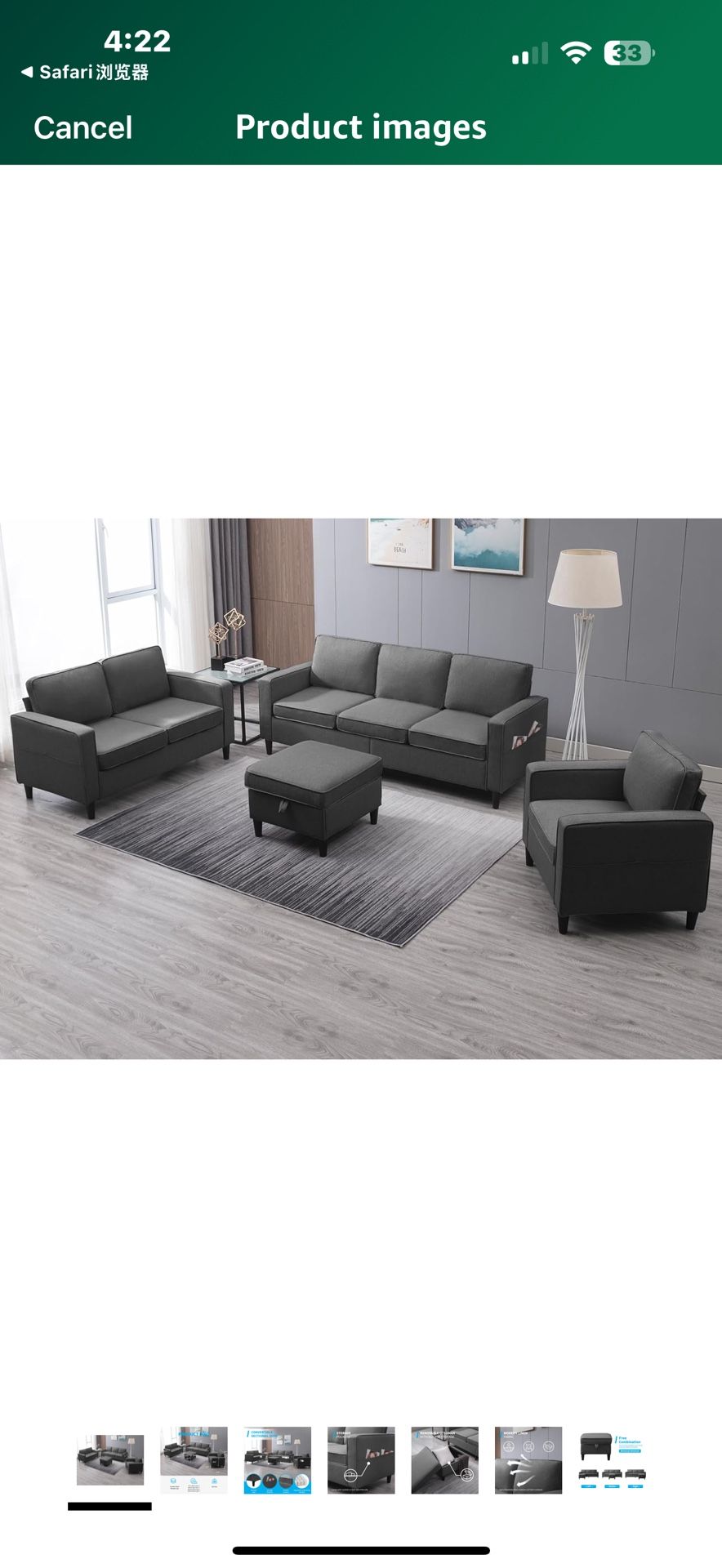 New in box Mjkone 4 Piece Living Room Furniture Set, Modern Upholstered Convertible Sofa Set with Side Pockets and Storage Ottoman, Linen Couch for Li