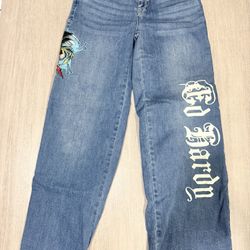 Ed Hardy Jeans Women's Size 28Blue Wide Leg Embroidered Tattoo Print